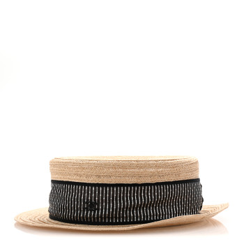 CHANEL Straw Grosgrain Ribbon Hat M Beige Black