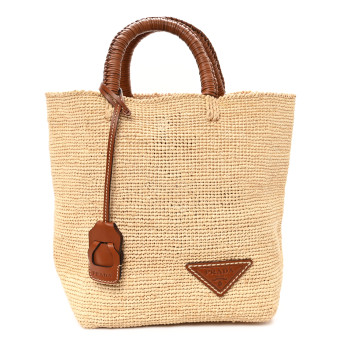 PRADA Paglia Vitello Woven Top Handle Tote Naturale Cognac
