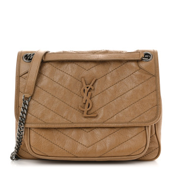 SAINT LAURENT Crinkled Calfskin Matelasse Monogram Medium Niki Chain Satchel Natural Tan