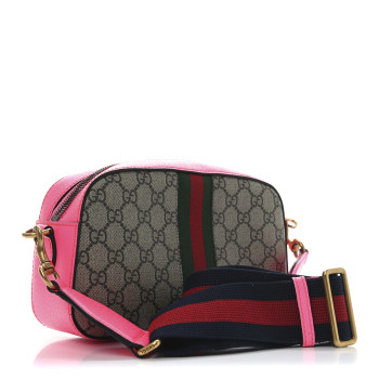 GUCCI GG Supreme Monogram Textured Dollar Calfskin Web Ophidia Small Crossbody Bag Beige Ebony Fuchsia