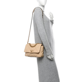 CHANEL Shiny Goatskin Quilted Medium Chanel 19 Flap Beige