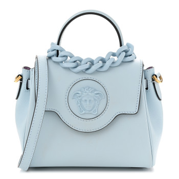 VERSACE Grained Calfskin Small La Medusa Top Handle Bag Light Blue