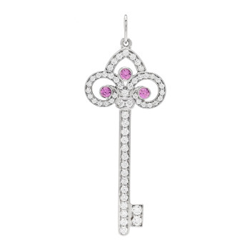 TIFFANY Platinum Diamond Pink Sapphire Fleur De Lis Key Pendant