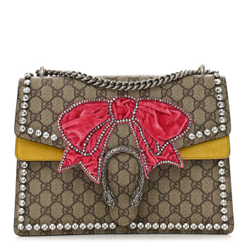 GUCCI GG Supreme Monogram Crystal Bow Embroidered Medium Dionysus Shoulder Bag Yellow