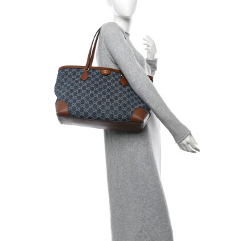 GUCCI New Denim GG Monogram Medium Ophidia Shopping Tote Blue Tea Cuir