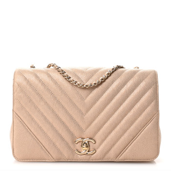 Metallic Caviar Chevron Quilted Medium Statement Flap Beige