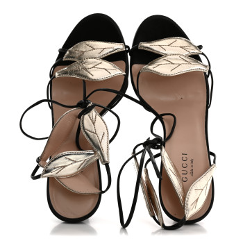 GUCCI Calfskin Metallic Leaf Sanndals 36 Black Light Gold