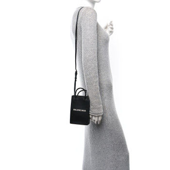 BALENCIAGA Squared Calfskin Logo Shopping Phone Holder Bag Black