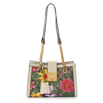 GUCCI GG Supreme Monogram Flora Textured Calfskin Small Padlock Tote Beige Ebony Multicolor Mystic White