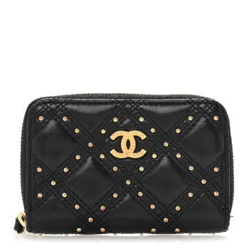 CHANEL Lambskin Studded Quilted Compact Zip Around Wallet Black