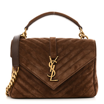 SAINT LAURENT Suede Matelasse Chevron Monogram Medium College Bag Bark Brown