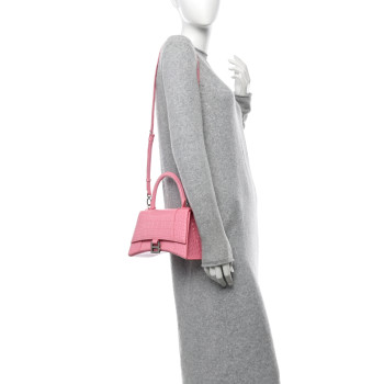 BALENCIAGA Shiny Calfskin Crocodile Embossed Small Hourglass Top Handle Bag Candy Pink