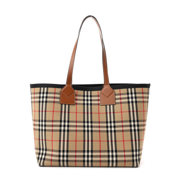 BURBERRY Cotton Vintage Check Medium London Tote Bag Briar Brown Black