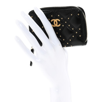 CHANEL Lambskin Studded Quilted Compact Zip Around Wallet Black