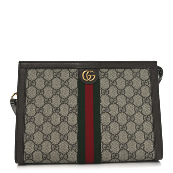 GUCCI GG Supreme Monogram Textured Dollar Calfskin Web Small Ophidia Wristlet Pouch Beige Ebony New Acero