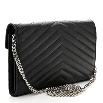 SAINT LAURENT Grain De Poudre Matelasse Chevron Monogram Chain Wallet Black