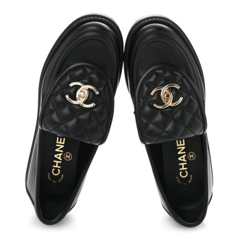 CHANEL Lambskin Quilted CC Turnlock Loafers 36 Black