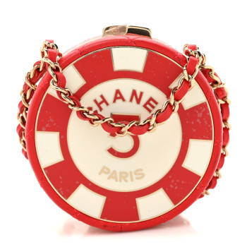 CHANEL Lambskin Enamel Quilted Round Poker Chip Clutch With Chain Red White