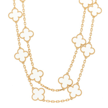 VAN CLEEF & ARPELS 18K Yellow Gold Rock Crystal 20 Motifs Vintage Alhambra Necklace