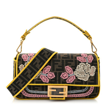 FENDI Fabric Jacquard FF Floral Embroidered Baguette Tobacco Moro Multicolor