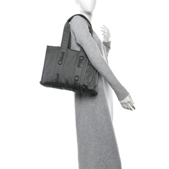 CHLOE Recycled Nylon Medium Woody Ribbon Tote Elephant Grey