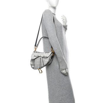 CHRISTIAN DIOR Calfskin Newspaper Printed Saddle Bag With Strap Black White
