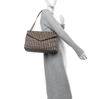 SAINT LAURENT Tweed Matelasse Medium Loulou Monogram Chain Satchel Beige Multicolor