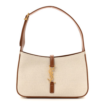 SAINT LAURENT Smooth Calfskin Canvas Le 5 A 7 Hobo Natural Beige Brick