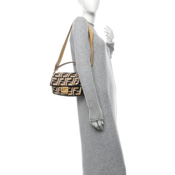 FENDI Raffia Vitello Grace FF Crochet Baguette Natural Black Paglia