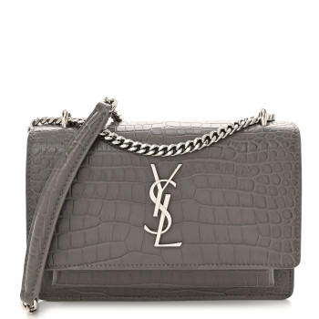 SAINT LAURENT Calfskin Crocodile Embossed Monogram Sunset Chain Wallet Fog