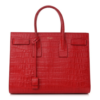SAINT LAURENT Calfskin Crocodile Embossed Large Sac De Jour Carryall Lipstick Red