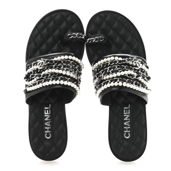 CHANEL Pearl Lambskin Chain Flat Sandals 38.5 Black