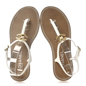CHANEL Lambskin CC Thong Sandals 37 White Gold