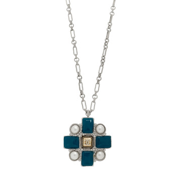 CHANEL Gripoix Poured Glass Pearl CC Pendant Necklace Turquoise Silver