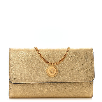 VERSACE Metallic Calfskin Medusa Clutch With Chain Gold