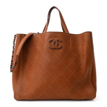 CHANEL Grained Vegetal Calfskin Covered CC Shopper Tote Brown