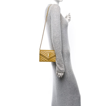 SAINT LAURENT Grain De Poudre Matelasse Chevron Monogram Envelope Chain Wallet Saffran