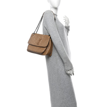 SAINT LAURENT Crinkled Calfskin Matelasse Monogram Medium Niki Chain Satchel Natural Tan
