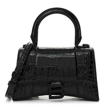 BALENCIAGA Shiny Calfskin Monochrome Crocodile Embossed Hourglass Top Handle Bag XS Black