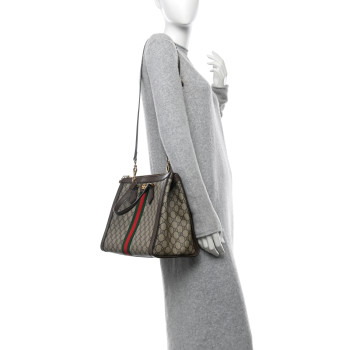 GUCCI GG Supreme Monogram Web Medium Ophidia Tote Bag Brown