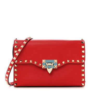 VALENTINO GARAVANI Vitello Medium Rockstud Flip Lock Crossbody Bag Rosso Valentino
