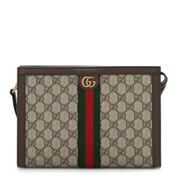 GUCCI GG Supreme Monogram Textured Dollar Calfskin Web Small Ophidia Wristlet Pouch Beige Ebony New Acero
