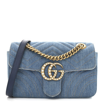 GUCCI Denim Matelasse Mini Pearly GG Marmont Shoulder Bag Blue