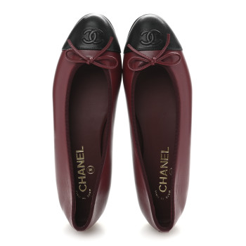 CHANEL Lambskin Cap Toe CC Ballerina Flats 39 Burgundy Black