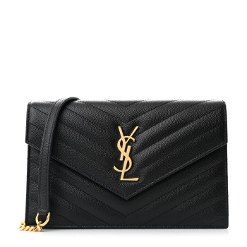 SAINT LAURENT Grain De Poudre Matelasse Chevron Monogram Envelope Chain Wallet Black