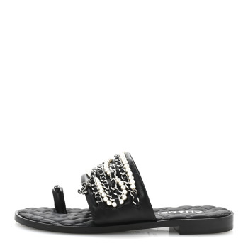 CHANEL Pearl Lambskin Chain Flat Sandals 38.5 Black