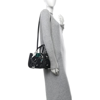 VALENTINO GARAVANI Canvas Panther Calfskin Crystal Small Vlogo Signature Tote Black White