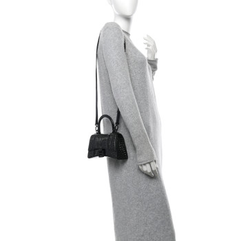 BALENCIAGA Shiny Calfskin Monochrome Crocodile Embossed Hourglass Top Handle Bag XS Black