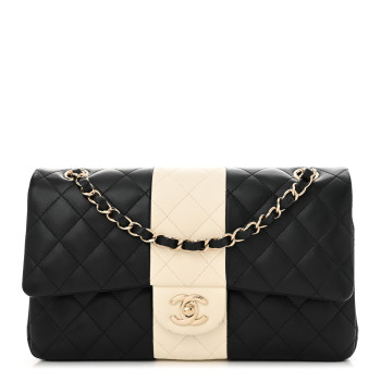 CHANEL Lambskin Quilted Medium Double Flap Black White