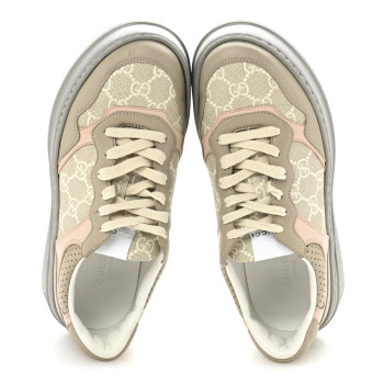GUCCI Calfskin GG Supreme Monogram Perforated Womens Platform 55mm Sneakers 38 Apricot Pink Beige Grey